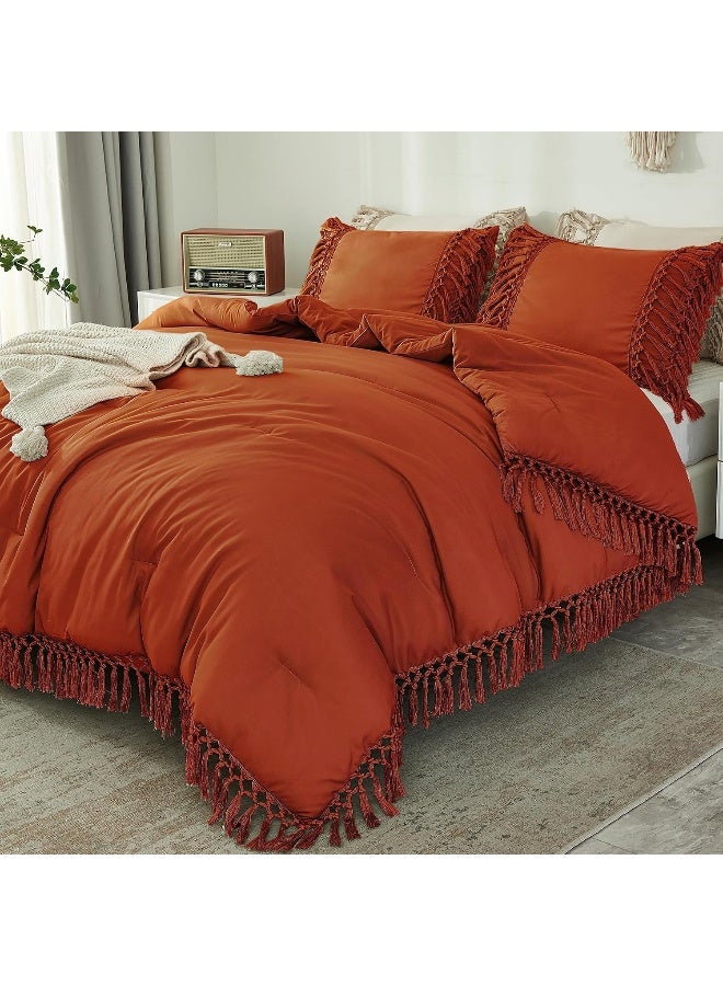 Andency Queen Comforter Set Burnt Orange, 3 Pieces Boho Terracotta Lightweight Fall Bedding Comforter Sets, Tassel Rust Bed Set (90x90In Comforter & 2 Pillowcases) - Image 1